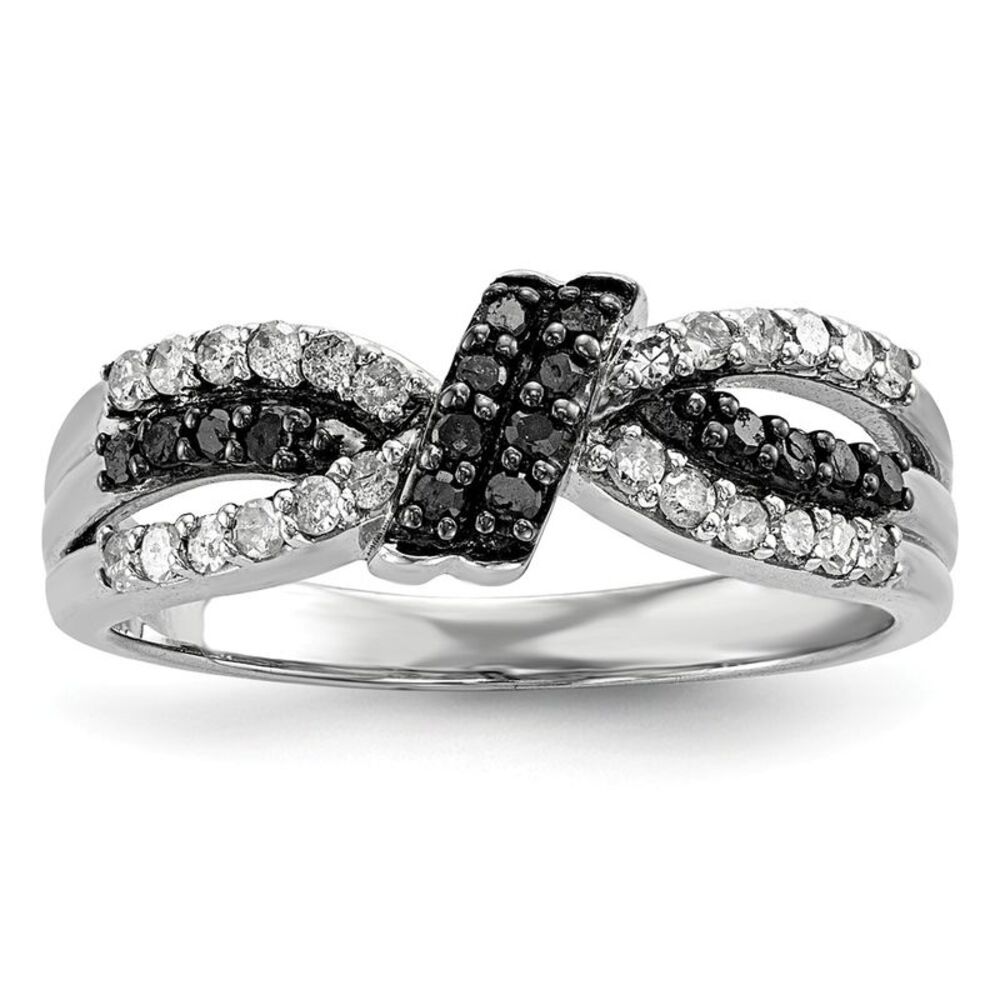 1/3 Ctw Black & White Diamond Bow Tapered Ring in Sterling Silver Sz 6